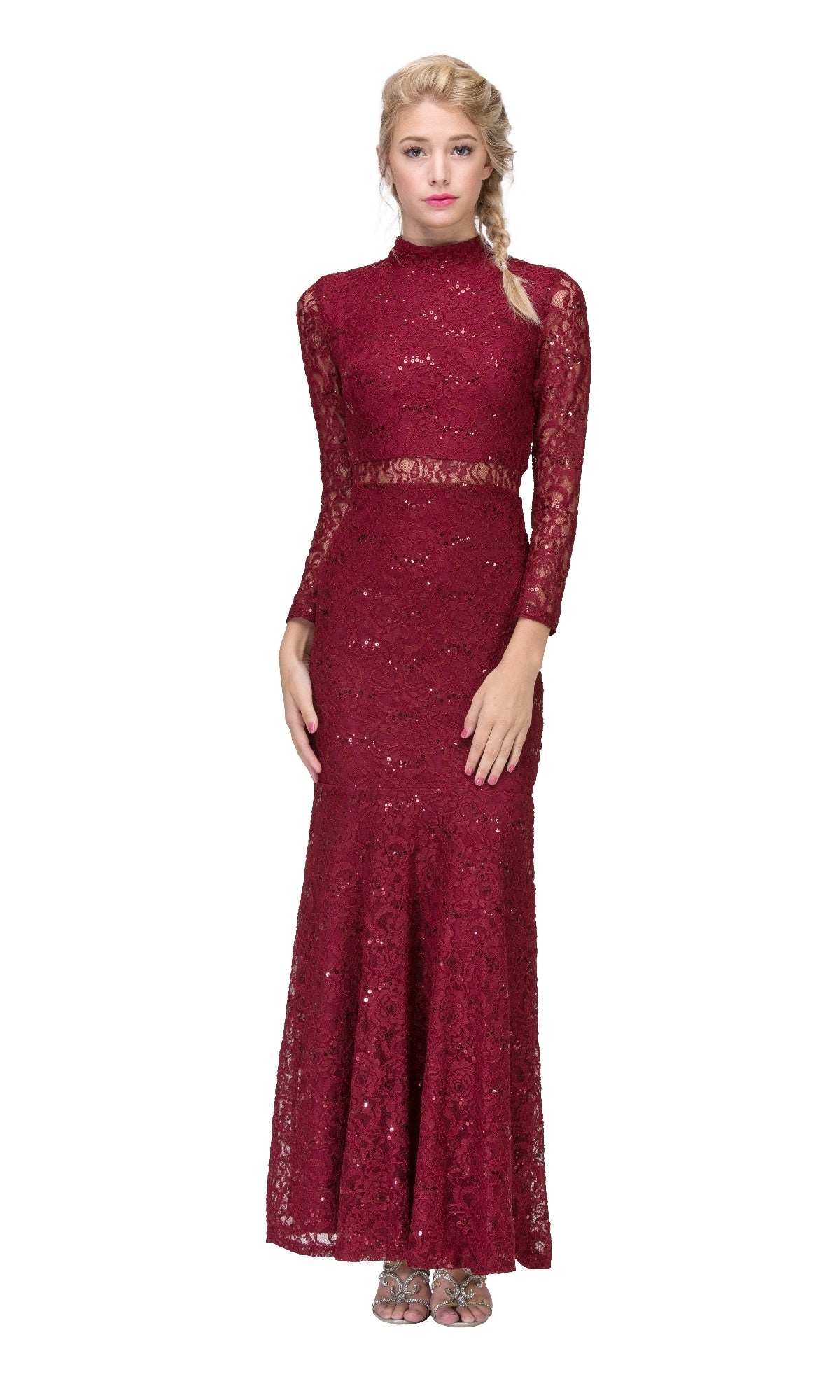 A woman stands facing forward against a white background, wearing the Eureka 2095 long sleeve sequin-lace formal dress—a floor-length burgundy gown with a high neckline and lace detailing.